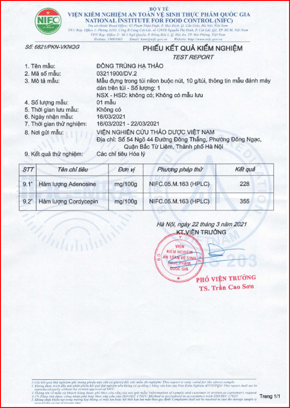 Chứng nhận Đông Trùng Hạ Thảo Tâm Bình